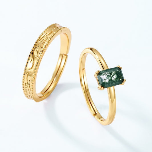 Gold-plated Silver Green Moss Adjustable Ring For Women