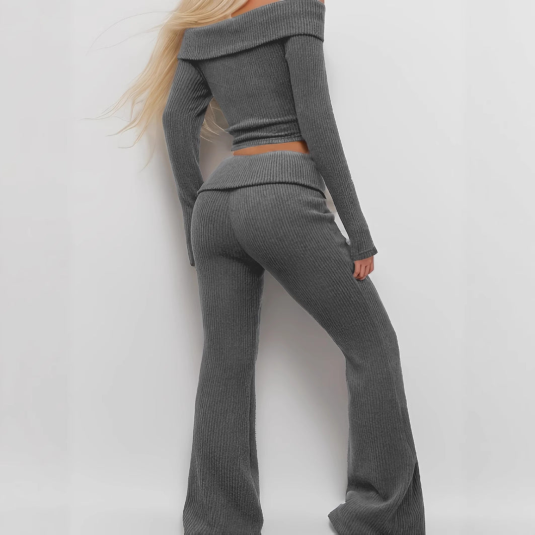 Women's Solid Color Off-Shoulder Long Sleeve Top And Flared Pants Set