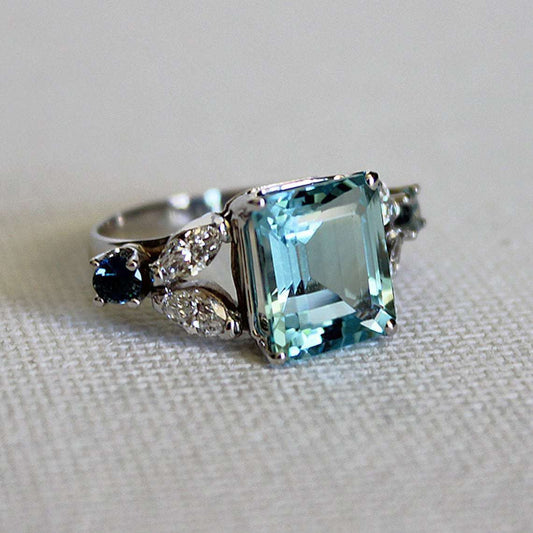 Water Blue Cutting Square Simple Exquisite Women's Ring